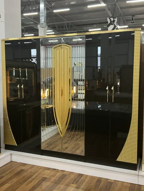 Royal Black Gold Bedroom Set | Karavot + Oynali Shkaf + LED Pardoz Stoli + Tumba