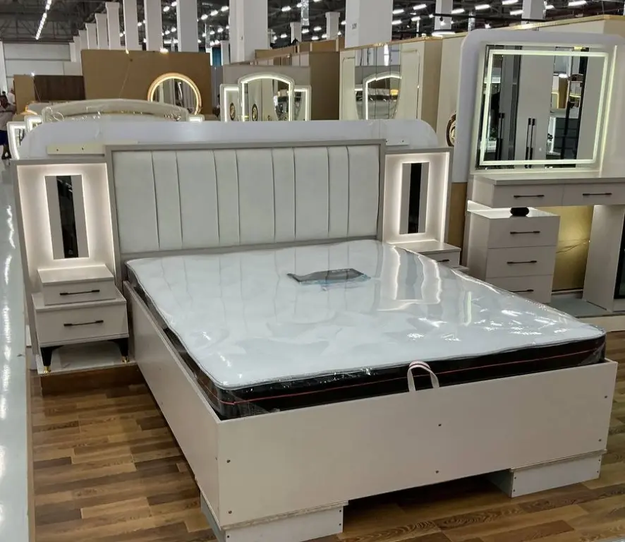 Modern White Bedroom Set | Karavot + Shkaf + LED Pardoz Stoli + Tumba